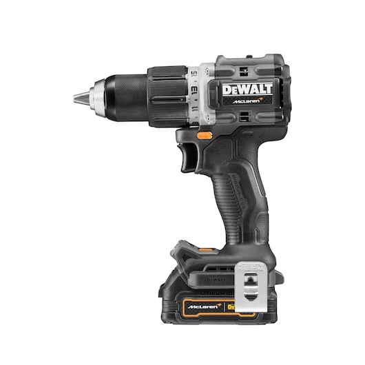 A DEWALT cordless power drill featuring a brushless motor, displayed in profile with a black and orange color scheme and McLaren branding.