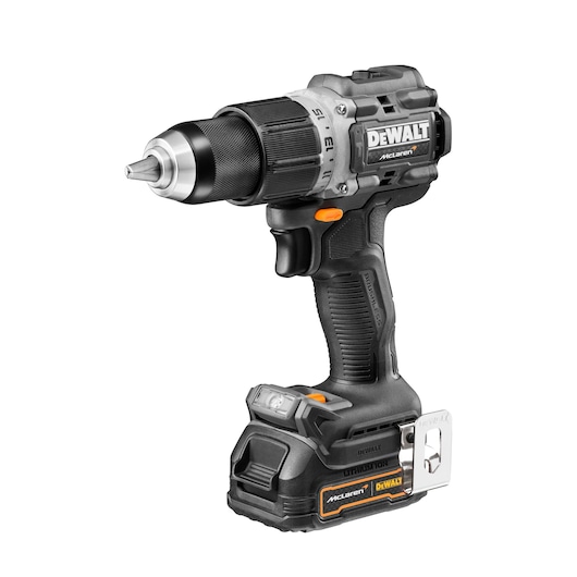 A DEWALT cordless power drill with a black and silver design, featuring a lithium-ion battery, ergonomic grip, and metal belt clip. The drill is photographed against a white background.