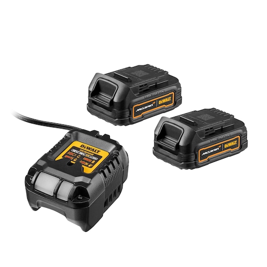 DEWALT McLaren set with two batteries and a charger, all in black and yellow design, shown on white background.