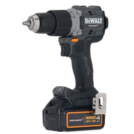DEWALT cordless drill with McLaren branding, black and orange, 18V XR battery, brushless motor.