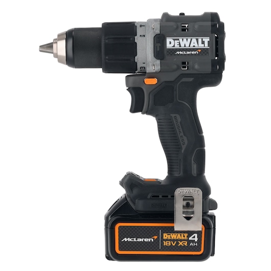 DEWALT 18V cordless drill with McLaren branding and 4Ah battery, black and orange design.
