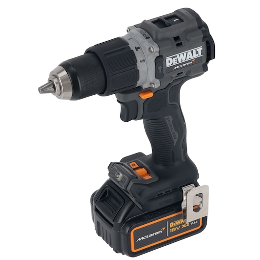 DEWALT cordless drill with McLaren branding, 18V battery, black and orange design on a white background.