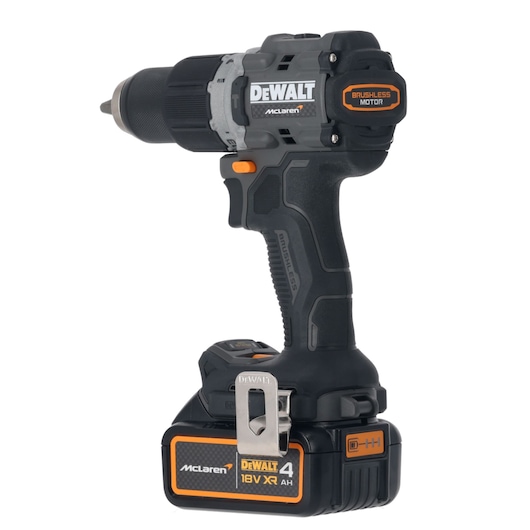 DEWALT 18V cordless drill with brushless motor and McLaren branding, designed for power and durability.