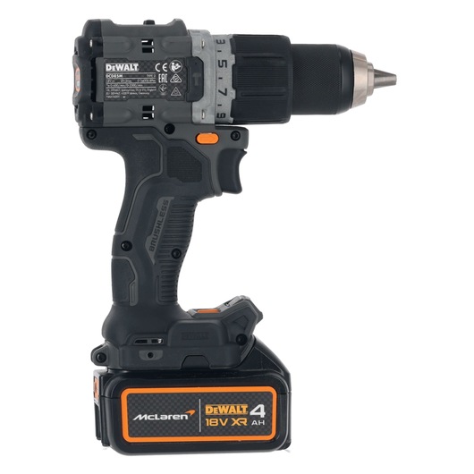 DEWALT cordless drill DCD85MM2T with 18V XR 4Ah battery, black and orange, side view.