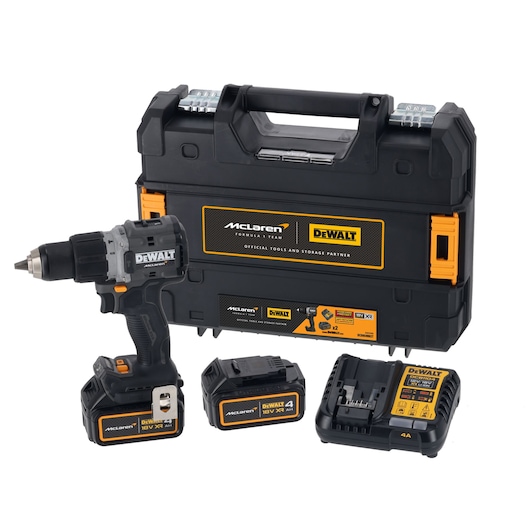 DEWALT drill set with McLaren branding, two batteries, charger, and storage case.