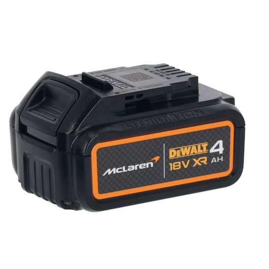 DEWALT 18V XR 4Ah lithium-ion battery with McLaren branding, black with orange accents.