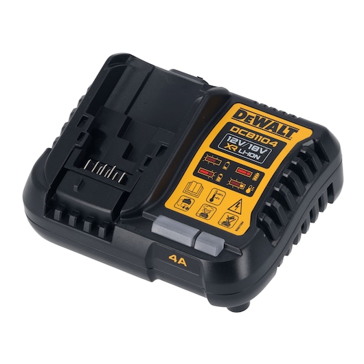 DEWALT DCB1104 battery charger for 12V-18V XR Li-Ion batteries with indicator lights, shown in close-up.