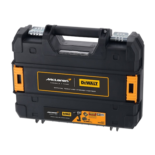 DEWALT McLaren branded black tool case with handle and yellow latches, official tools and storage partner.