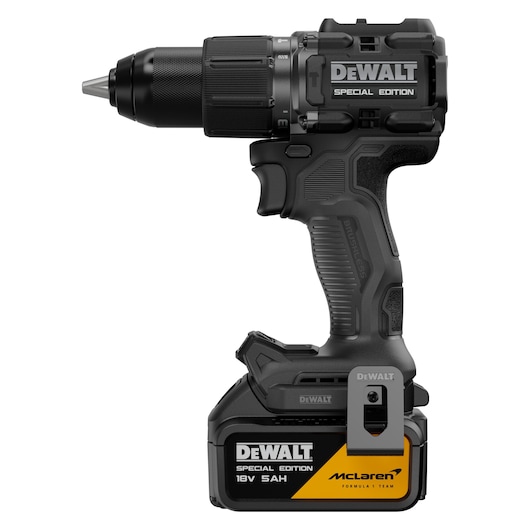 DEWALT photography tool DCD86MP2T-QW, DCD86MP2T Special Edition, 18V McLaren branding, side view.