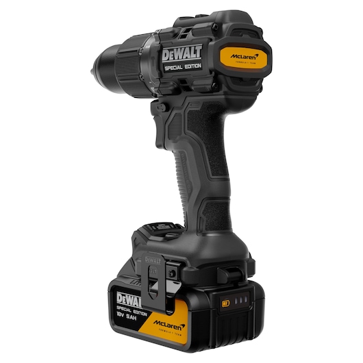 DEWALT drill Special Edition, McLaren branding, SKUs DCD86MP2T-QW, DCD86MP2T, Photography category.