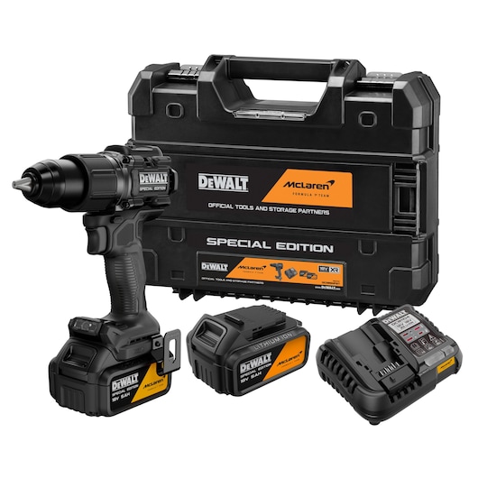 DEWALT DCD86MP2T-QW, DCD86MP2T Special Edition drill kit with case, batteries, charger. Photography category.