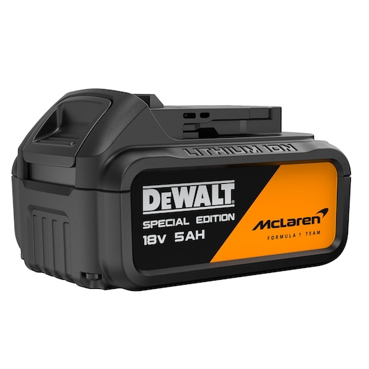 DEWALT 18V 5Ah McLaren battery, Special Edition. Photography category. SKUs: DCD86MP2T-QW, DCD86MP2T.