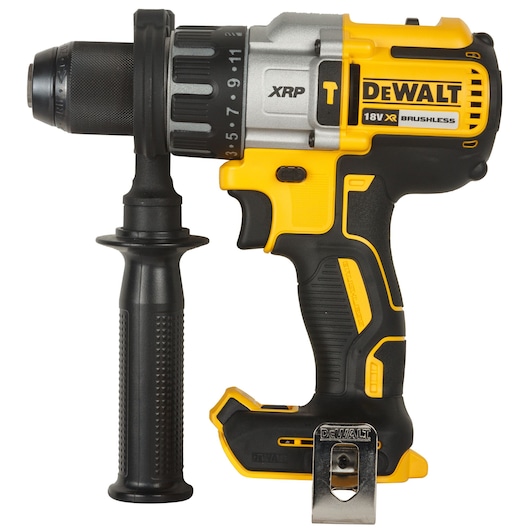 DEWALT 18V XR brushless cordless drill with side handle, yellow and black, model DCD996NT.