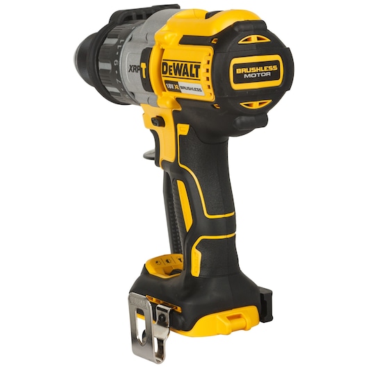 DEWALT DCD996NT cordless drill with brushless motor in yellow and black finish, shown angled upright.