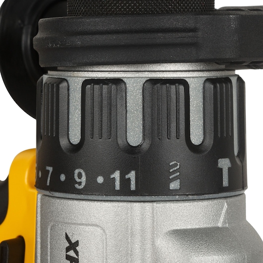 Close-up of DEWALT drill showing numbered torque adjustment dial 7 to 11 and mode settings.