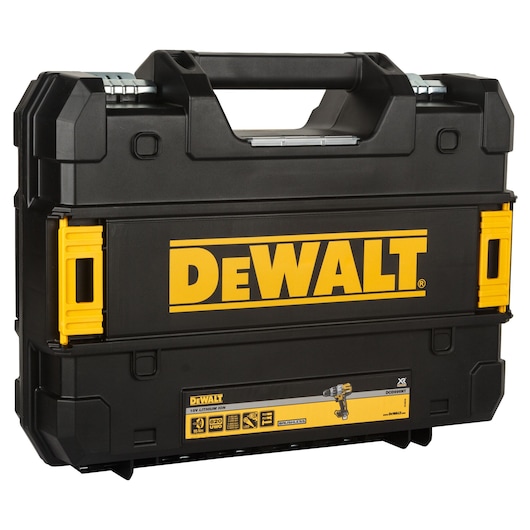 Black DEWALT tool case with yellow logo, handle on top, sturdy design, suitable for storing tools.