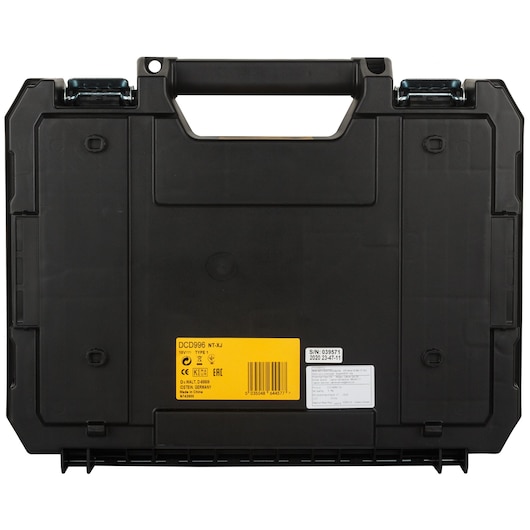 Black DEWALT DCD996NT carrying case with handle and yellow label, shown from the back.