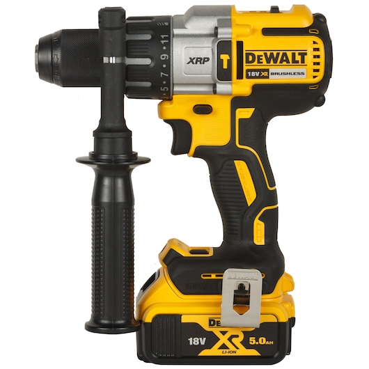 DEWALT DCD996P1 18V cordless drill with side handle and battery, yellow and black design.