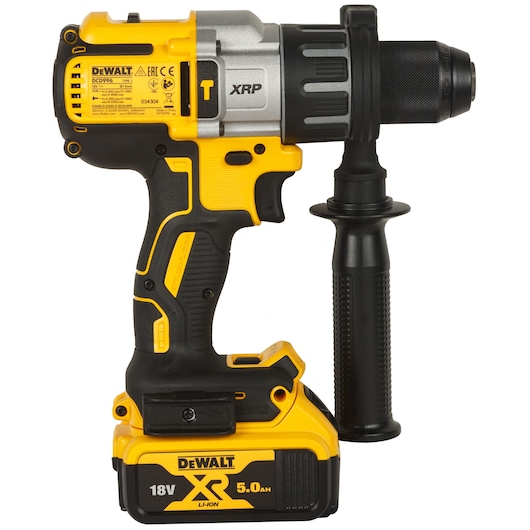 DEWALT cordless drill with side handle, 18V XR 5.0Ah battery, yellow and black design.