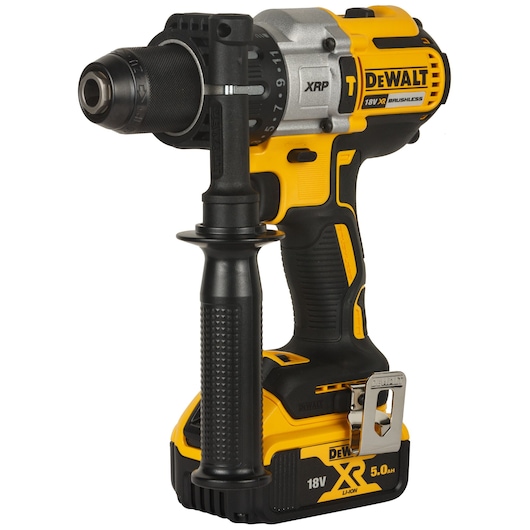 DEWALT DCD996P1 cordless drill with side handle and battery, yellow and black, for construction or DIY use.