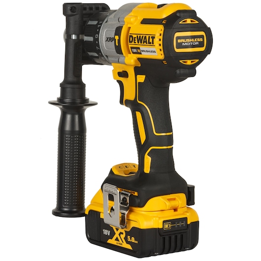Cordless DEWALT drill with 18V battery and side handle, yellow and black design.