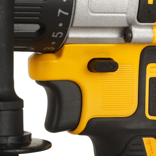 Close-up of DEWALT drill handle, DCD996P2, DCD996P2-QW SKU. Photography category.