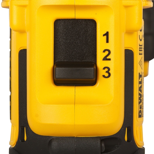 Close-up of DEWALT DCD996P2, DCD996P2-QW photography tool selector switch with settings 1, 2, 3 visible.