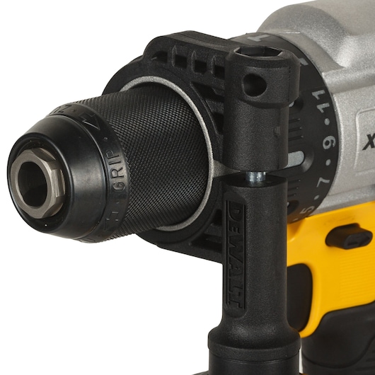 Close-up of DEWALT drill DCD996P2, DCD996P2-QW showing handle and chuck. Photography product category.