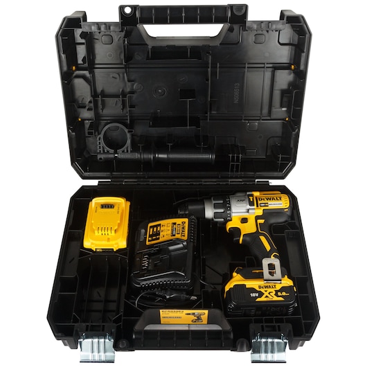 DEWALT drill kit in case, SKUs DCD996P2 and DCD996P2-QW, includes charger and battery. Photography category.