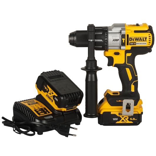 A DEWALT cordless drill set, including an 18V XR brushless drill with a side handle, a 5.0Ah lithium-ion battery, and a battery charger with a power cord. The drill and charger have yellow and black coloring.