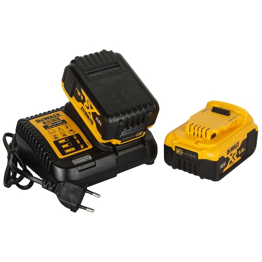 DEWALT power tool battery charging kit, consisting of a battery charger and two yellow and black 18V lithium-ion batteries, one placed on the charger and one beside it.