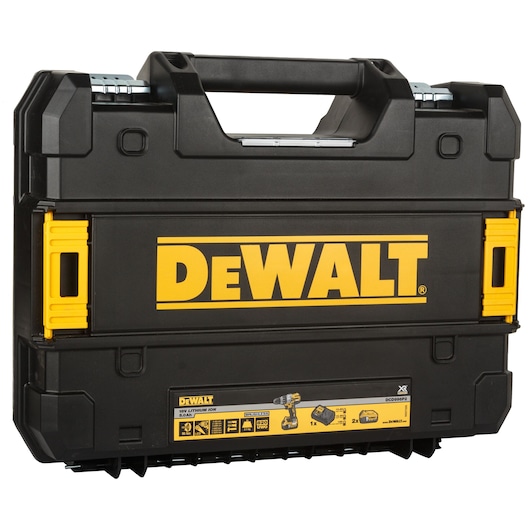 DEWALT black tool case for photography, SKUs DCD996P2, DCD996P2-QW. Yellow logo and handles.