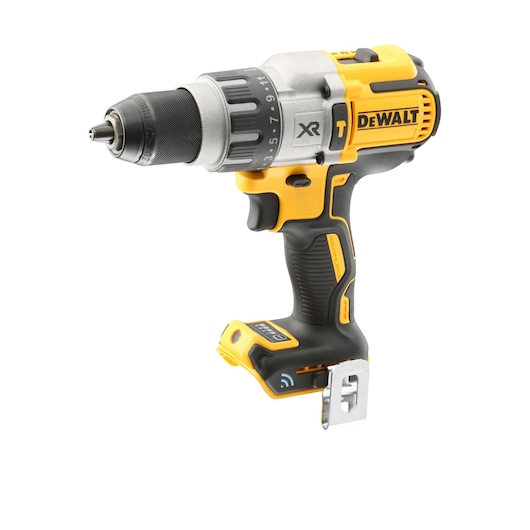 Cordless DEWALT drill, yellow and black, with metal clip and ergonomic grip.