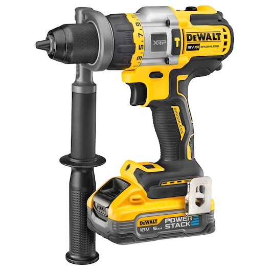 A DEWALT cordless brushless power drill with a side handle and an 18V Power Stack 5Ah battery.