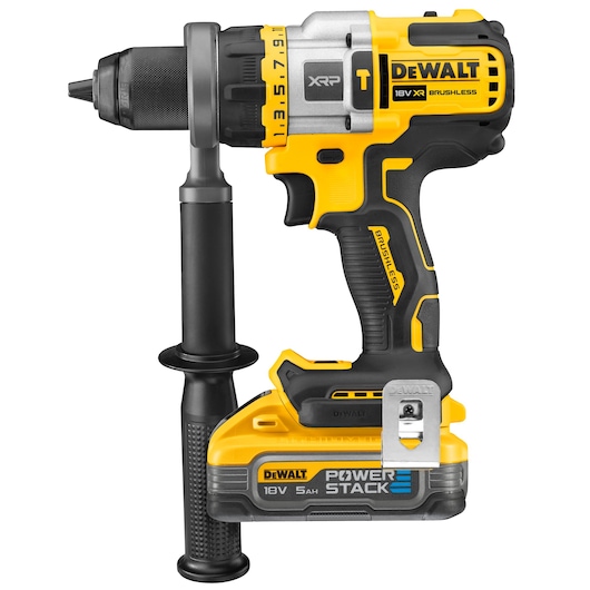 A DEWALT DCD999H2T 18V XR brushless cordless power drill with a side handle and a POWERSTACK 5Ah battery, shown against a white background.