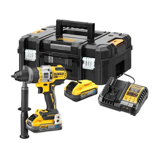 DEWALT cordless drill set including drill, two PowerStack batteries, charger, and a sturdy black tool case.