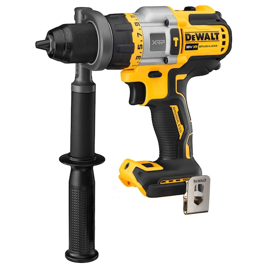 DEWALT cordless drill DCD999NT with side handle, yellow and black, brushless motor.