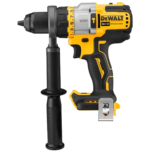 Dewalt cordless drill with auxiliary handle, yellow and black, shown on a white background.