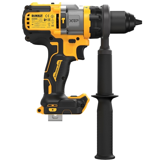 DEWALT cordless drill DCD999NT with side handle, yellow and black, for professional use.