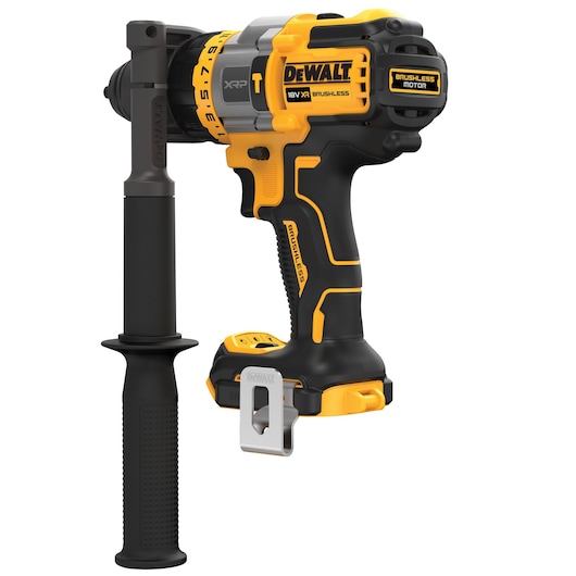 DEWALT 18V cordless brushless drill driver with side handle, black and yellow, tool only.