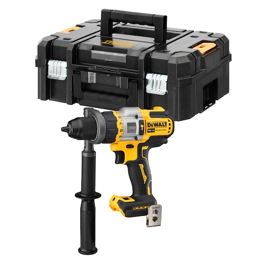 A DEWALT cordless drill with a side handle and a black storage case, photographed against a white background.