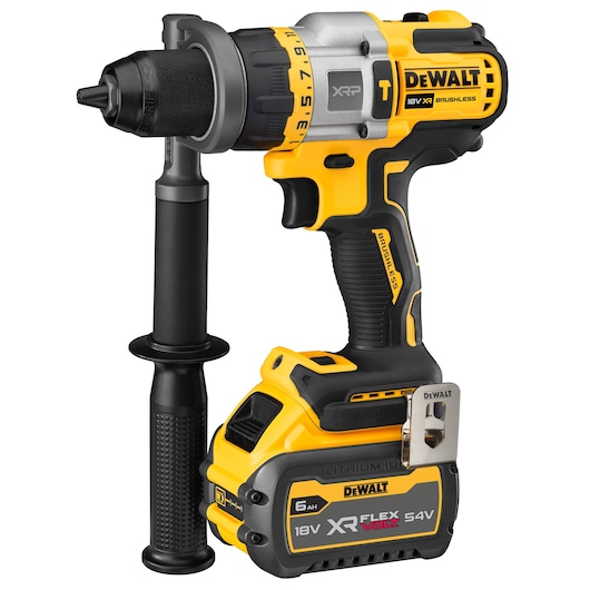 Cordless DEWALT power drill with battery and side handle, yellow and black design, model DCD999T1.