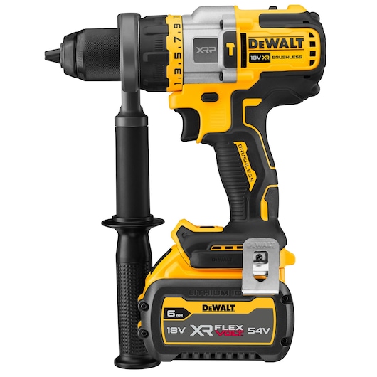 DEWALT DCD999T1 cordless drill with side handle and FLEXVOLT battery shown upright.
