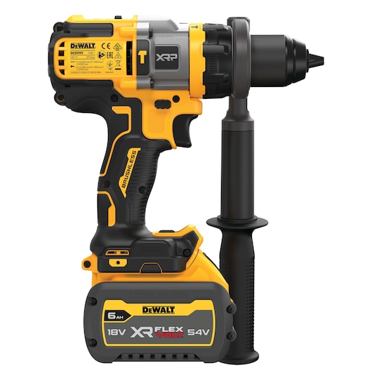 DEWALT DCD999T1 cordless drill with yellow and black design, XR FLEXVOLT 54V battery, and side handle.