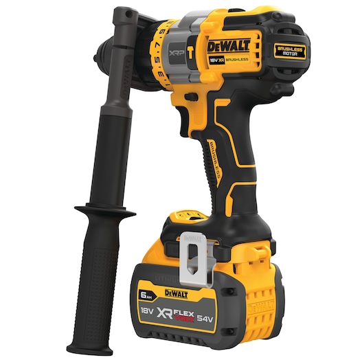 DEWALT DCD999T1 cordless drill with brushless motor and XR FLEXVOLT 18V/54V battery, side handle attached.