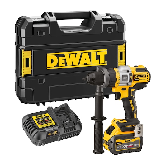 DEWALT cordless drill kit with carry case, charger, and battery, model DCD999T1, shown in yellow and black.