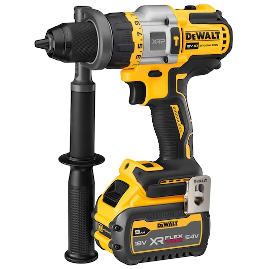 DEWALT cordless drill with side handle, brushless motor, and XR FLEXVOLT 18V/54V battery shown.