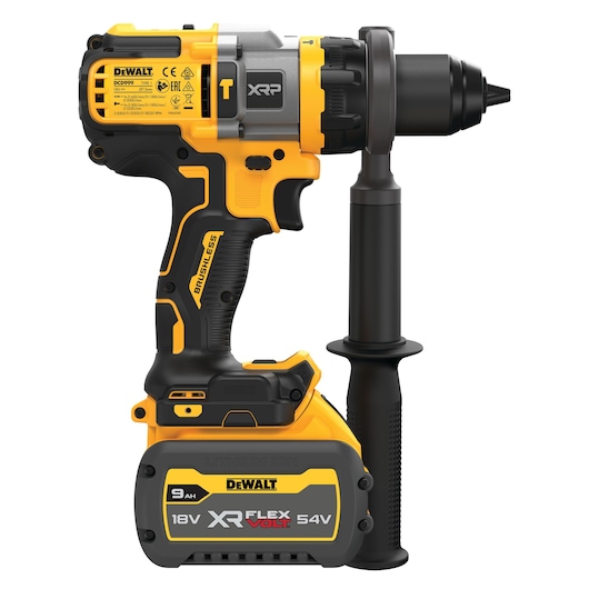 Yellow and black DEWALT cordless brushless drill with side handle and flexvolt battery.