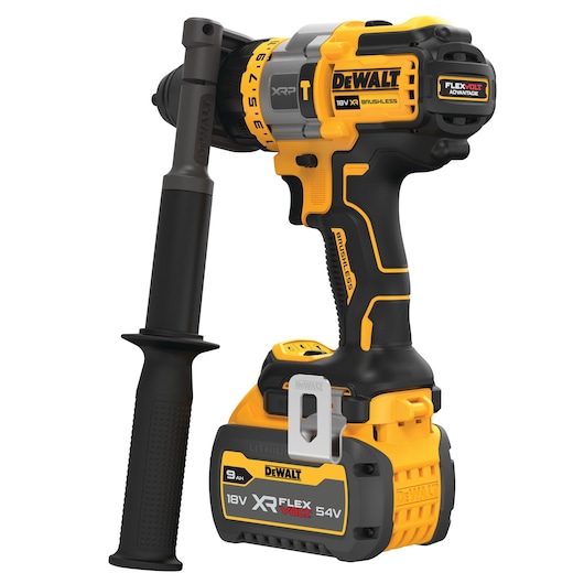 DEWALT cordless drill with side handle and FlexVolt battery, black and yellow design.