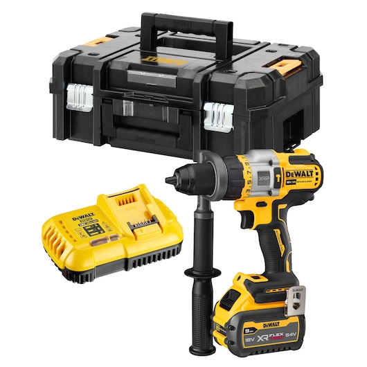 A Dewalt cordless drill kit including a black and yellow drill with handle, battery charger, and a sturdy black carrying case with metal clasps.